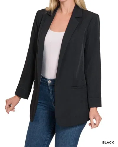 Zenana Woven Long Sleeve Open Front Blazer In Black