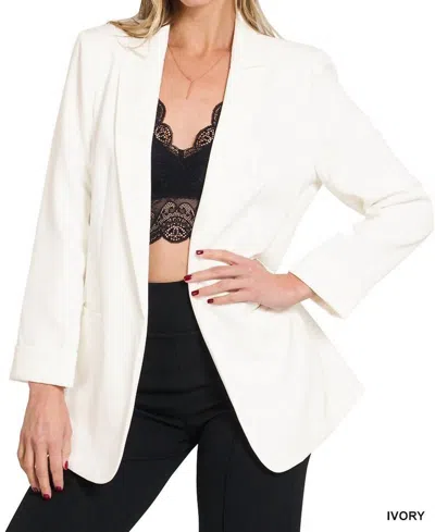Zenana Woven Long Sleeve Open Front Blazer In Ivory