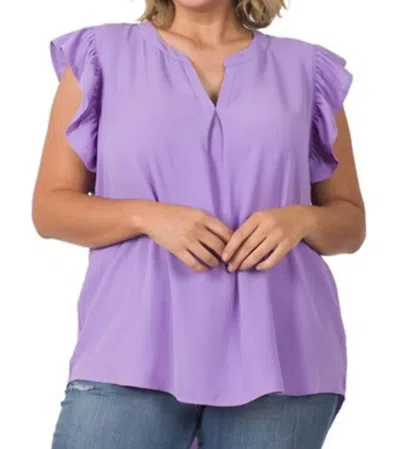 Zenana Woven Ruffled Sleeve Hi-low Top - Plus In Lavender In Purple