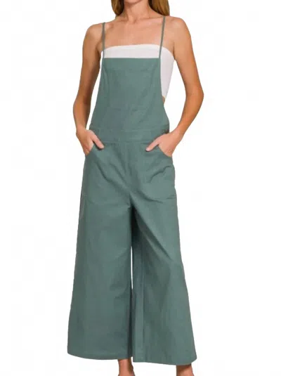 Zenana Woven Spaghetti Strap Overalls In Ash Jade