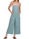 Zenana Woven Spaghetti Strap Overalls In Blue Grey