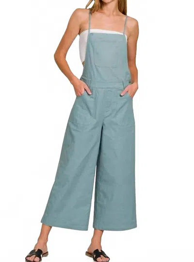 Zenana Woven Spaghetti Strap Overalls In Blue Grey
