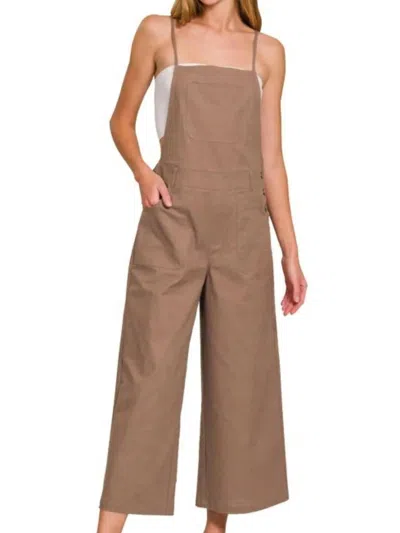 Zenana Woven Spaghetti Strap Overalls In Mocha