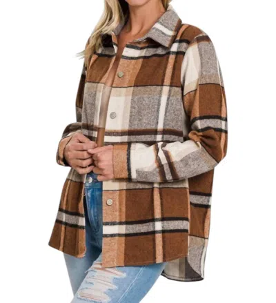Zenana Yarn Dyed Plaid Shacket In Brown