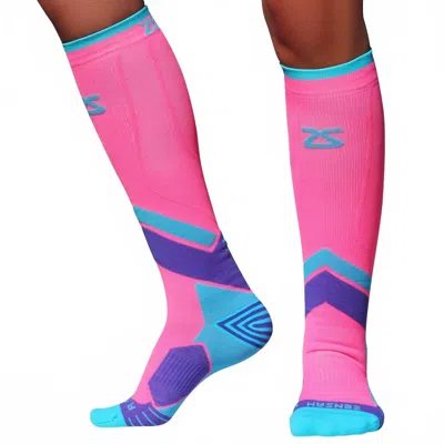Zensah Unisex Tech And Compression Light Cushion Socks In Coral/ Mint /purple In Pink