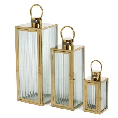 Zentique Aurelie Metal Ribbed Glass Lantern Candle Holder (set Of 3) In Gold