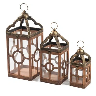 Zentique Château Grove Wood & Metal Lantern Candle Holder (set Of 3) In Brown