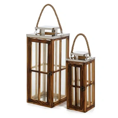 Zentique Harbor Ridge Wood & Metal Lantern Candle Holder (set Of 2) In Brown