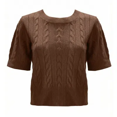 Zenzee Women's Cashmere Cable Knit Boxy Short Sleeve Sweater - Chocolate Brown