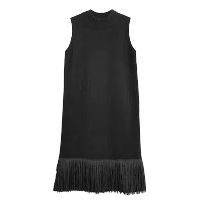 Zenzee Women's Cashmere Mockneck Shift Dress With Fringe Hem - Black