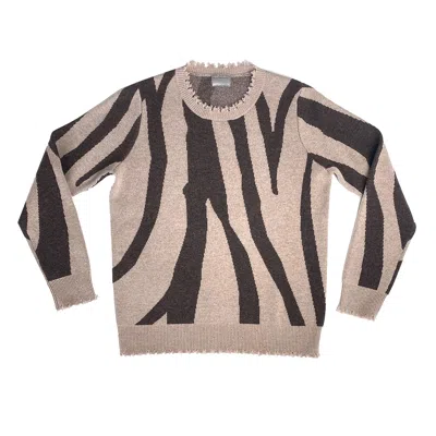 Zenzee Women's Neutrals Cashmere Wool Zebra Print Crewneck Sweater