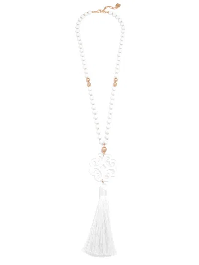 Zenzii Long Beaded Necklace With Circular Wave Pendant In White