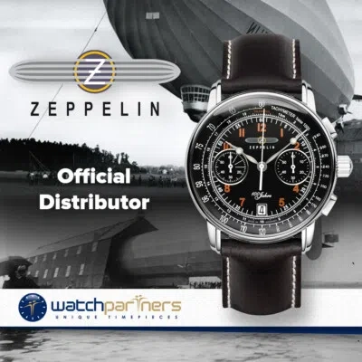 Pre-owned Zeppelin 100 Years Chrono Quartz Watch 42mm S/steel Case 5atm Black Dial 7674-2