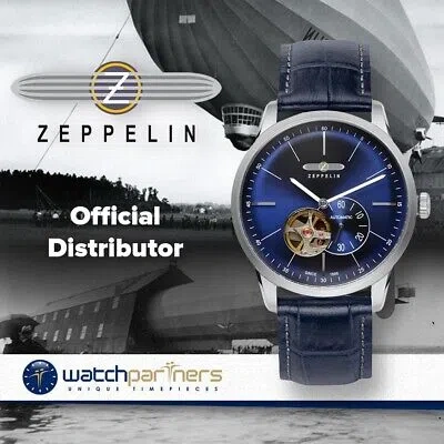 Pre-owned Zeppelin Flatline Automatic Watch Open Heart Clear Back Blue Dial 40mm 7364-3