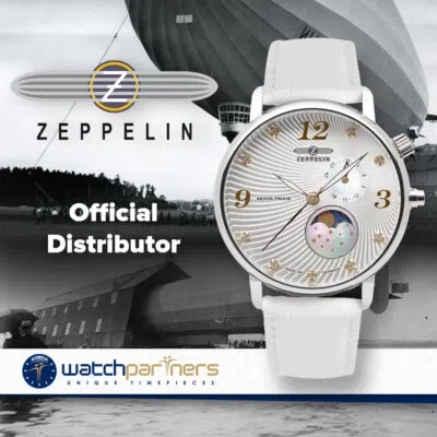 Pre-owned Zeppelin Luna Ladies Watch Swiss Quartz Swarovski Moon Phase Silver Dial 7637-1