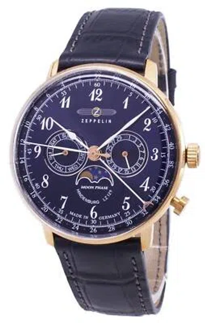 Pre-owned Zeppelin Lz 129 Hindenburg Moon Phase Blue Dial Leather 70383 30m Mens Watch