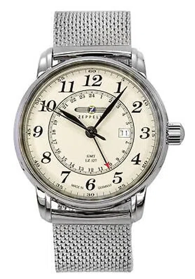Pre-owned Zeppelin Lz127 Graf Gmt Stainless Steel Beige Dial Quartz 7642m5 Men's Watch