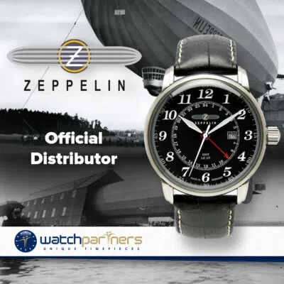 Pre-owned Zeppelin Lz127 Swiss Quartz Gmt Watch Gmt Dual Time Black Dial 5atm 42mm 7642-2