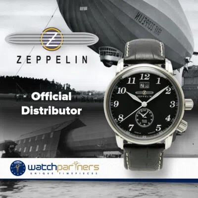 Pre-owned Zeppelin Lz127 Swiss Quartz Watch Big Date Dual Time Black Dial 5atm 42mm 7644-2