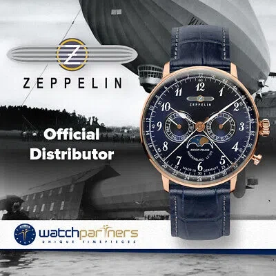 Pre-owned Zeppelin Lz129 Hindenburg Quartz Watch Rgold Case Moon Phase Blu/blk Dial 7038-3