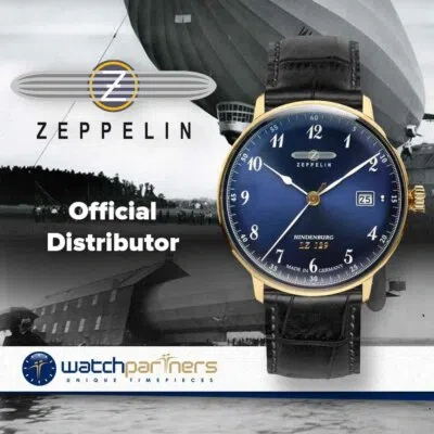 Pre-owned Zeppelin Lz129 Hindenburg Watch Swiss Quartz Blue Dial Gold Case Wr 3atm 7044-3