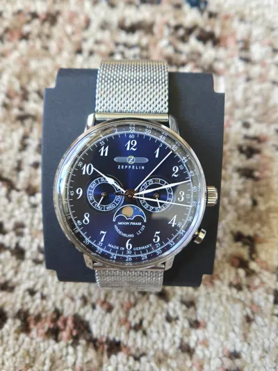 Pre-owned Zeppelin Moonphase Men's Watch Lz 129 Hindenburg Blue Dial Day Date 7036m-3