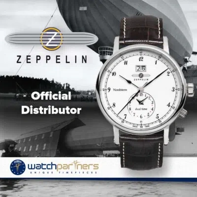 Pre-owned Zeppelin Nordstern Swiss Quartz Watch 41mm Big Date Dual Time White Dial 7540-1