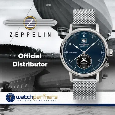 Pre-owned Zeppelin Nordstern Swiss Quartz Watch Blue/black Dial Big Date Dual Time 7540m-3