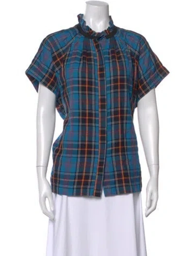 Pre-owned Zero + Maria Cornejo Plaid Print Short Sleeve Top In Blue