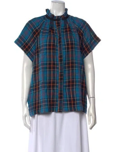 Pre-owned Zero + Maria Cornejo Plaid Print Short Sleeve Top In Blue