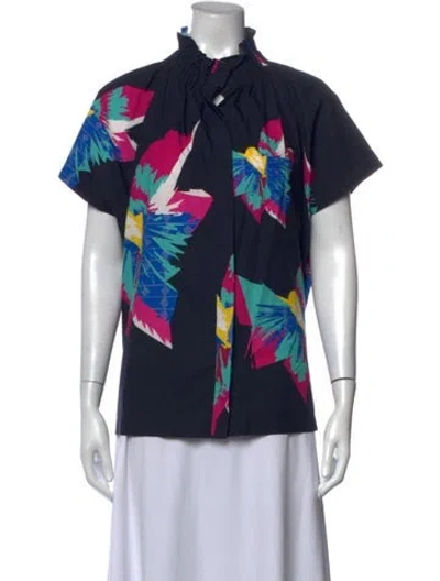 Pre-owned Zero + Maria Cornejo Printed Tie Neck Top In Blue