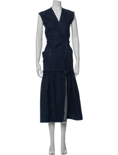 Pre-owned Zero + Maria Cornejo V-neck Long Dress In Black/blue