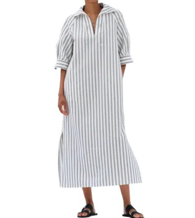 Zeus + Dione Aiolos Short Sleeved Caftan Dress In Blue/ivory Stripes In Grey