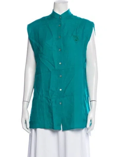 Pre-owned Zeus + Dione Linen Sleeveless Button-up Top In Blue/green