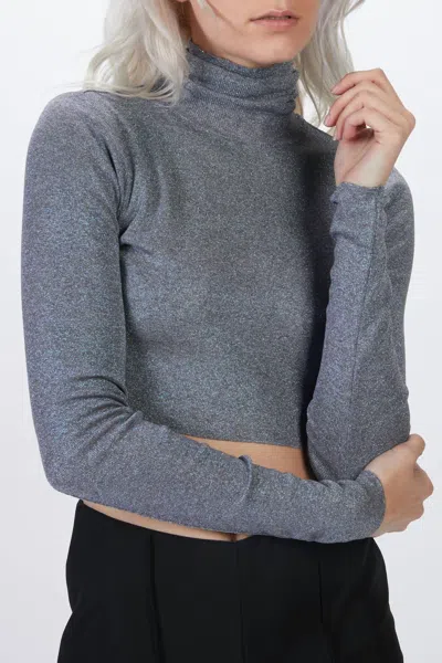 Zeynep Arcay Crop Turtleneck Knit Top In Grey Blue