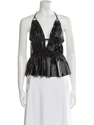 Pre-owned Zeynep Arcay Lamb Leather Halterneck Crop Top In Black