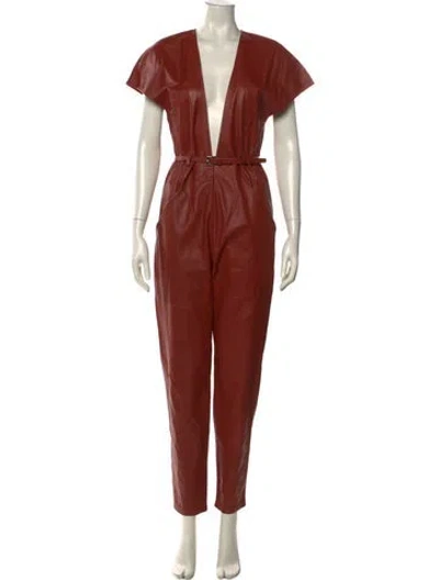 Pre-owned Zeynep Arcay Satin Plunge Neckline Jumpsuit In Brown