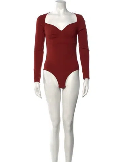 Pre-owned Zeynep Arcay Square Neckline Long Sleeve Bodysuit In Burgundy