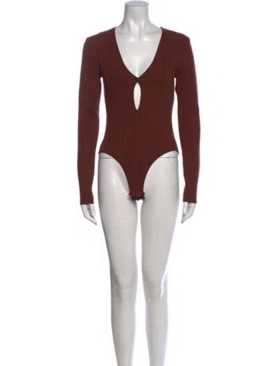 Pre-owned Zeynep Arcay V-neck Long Sleeve Bodysuit In Brown