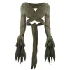 Zhenabia Selene Bolero Khaki Green - Boho Women Open Back Long Sleeve Top In Green