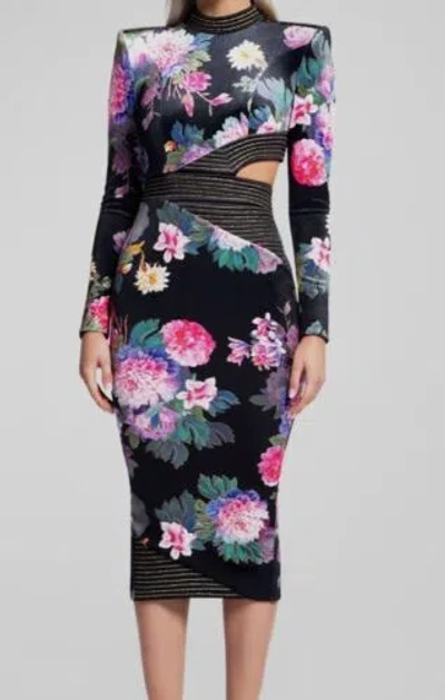 Pre-owned Zhivago $658  Womens Black Message To Love Cutout Floral Velvet Midi Dress Size 4