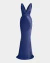 Zhivago Beloved Deep V-neck Stretch Satin Gown In Blue