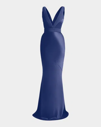 Zhivago Beloved Deep V-neck Stretch Satin Gown In Blue