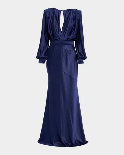 Zhivago Betsy Satin Long-sleeve Gown In Blue
