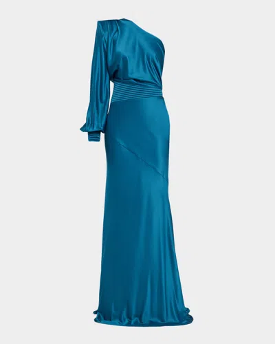 Zhivago Don & Apos;t Look Now Draped One-shoulder Satin Gown In Blue