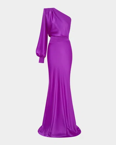 Zhivago Don't Look Now Draped One-shoulder Satin Gown In Purple