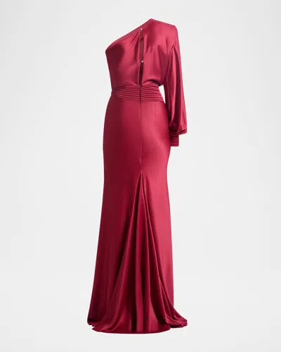 Zhivago Don't Look Now Draped One-shoulder Satin Gown In Red