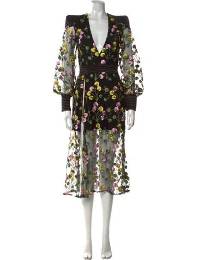 Pre-owned Zhivago Floral Print Midi Length Dress W/ Tags In Black/yellow
