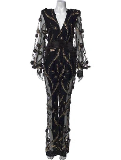 Pre-owned Zhivago Floral Print V-neck Jumpsuit In Black