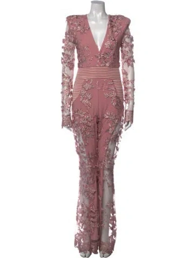 Pre-owned Zhivago Floral Print V-neck Jumpsuit In Pink